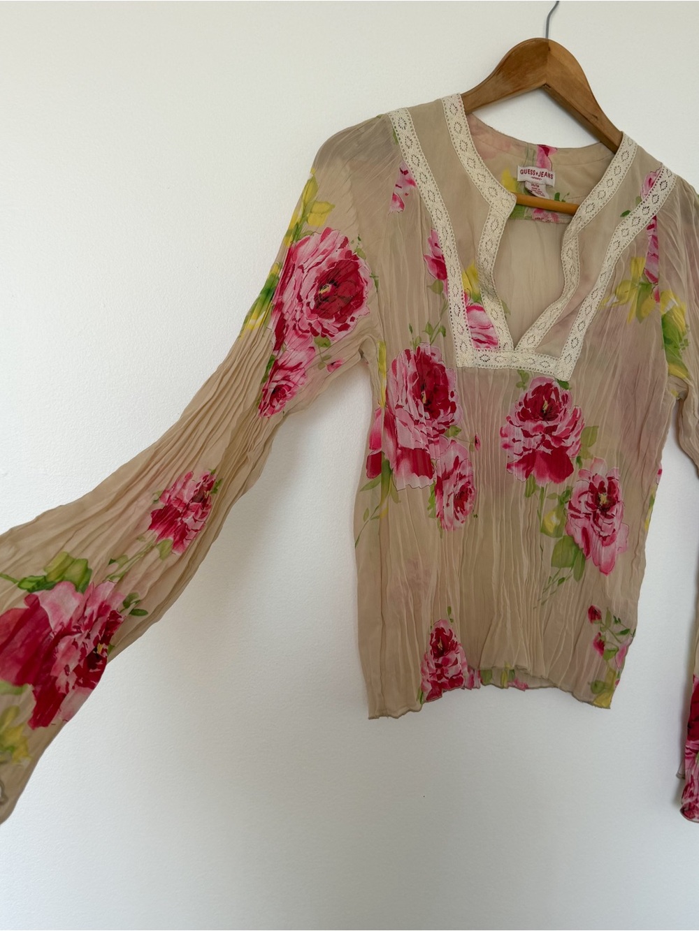 Guess Sheer Pleated Pink and Beige Floral Blouse with Bell Sleeves